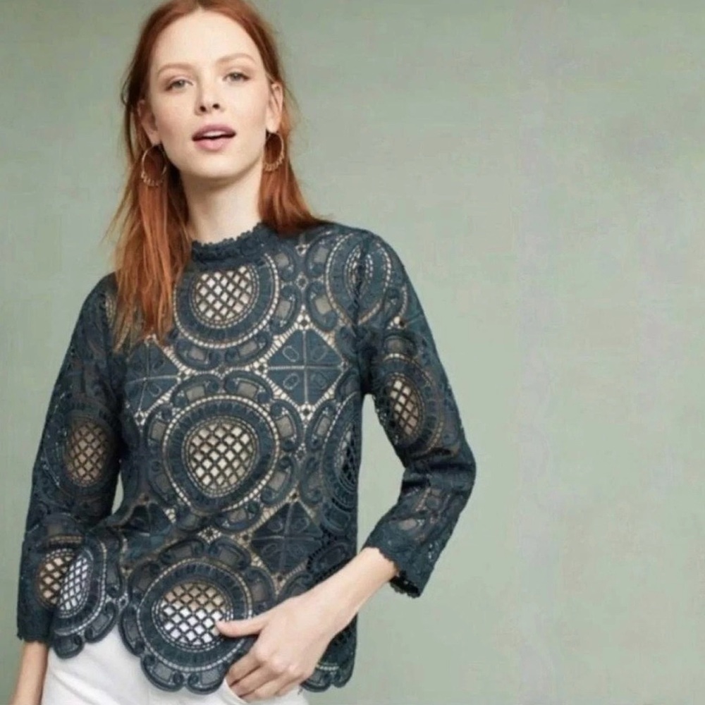 James Coviello Anthropologie Circle Lace Blouse XL Teal Crochet Eyelet Top Q21